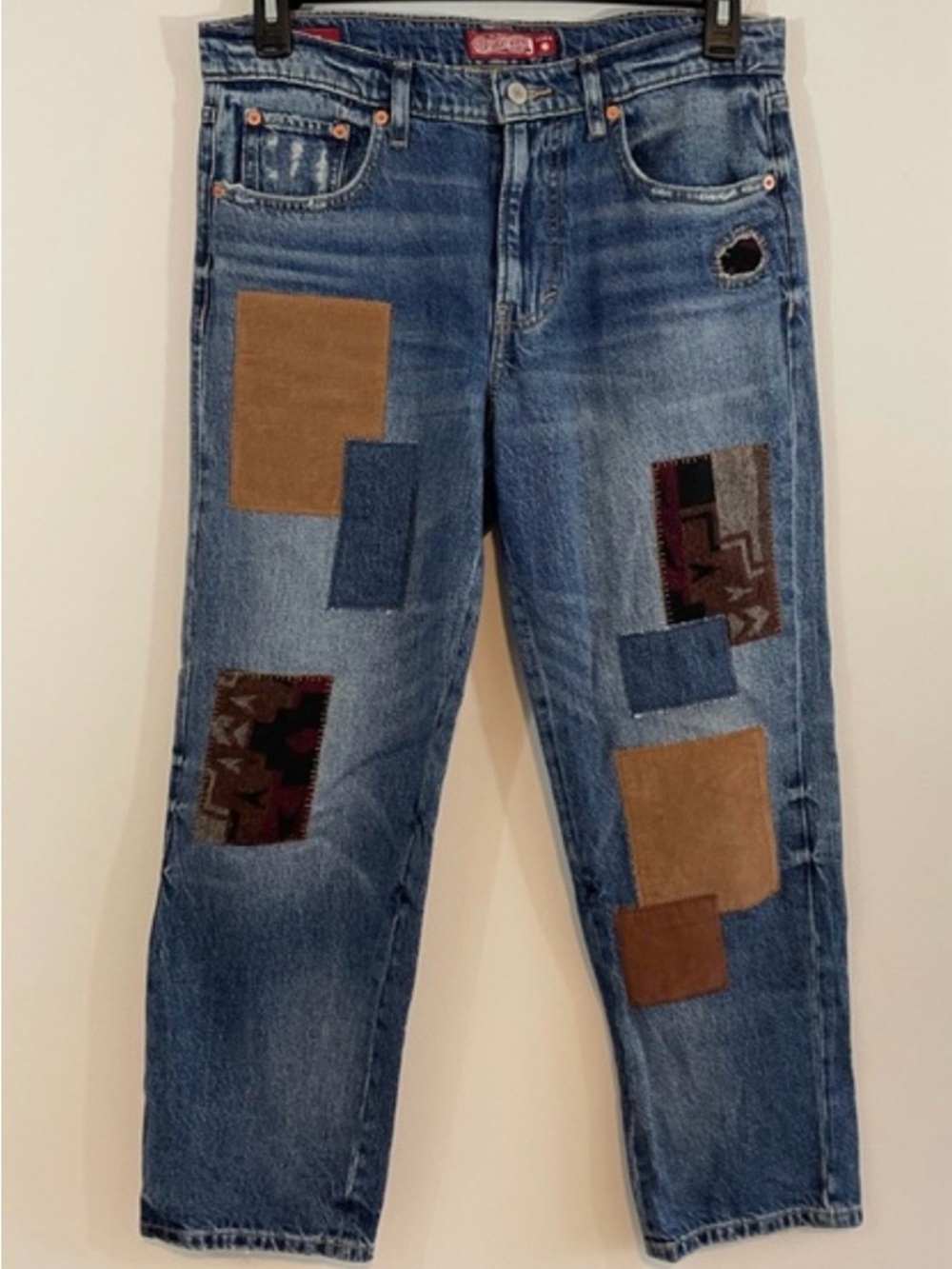Lucky Brand Patchwork Blue Denim Jeans with Brown & Navy Fabric Accents